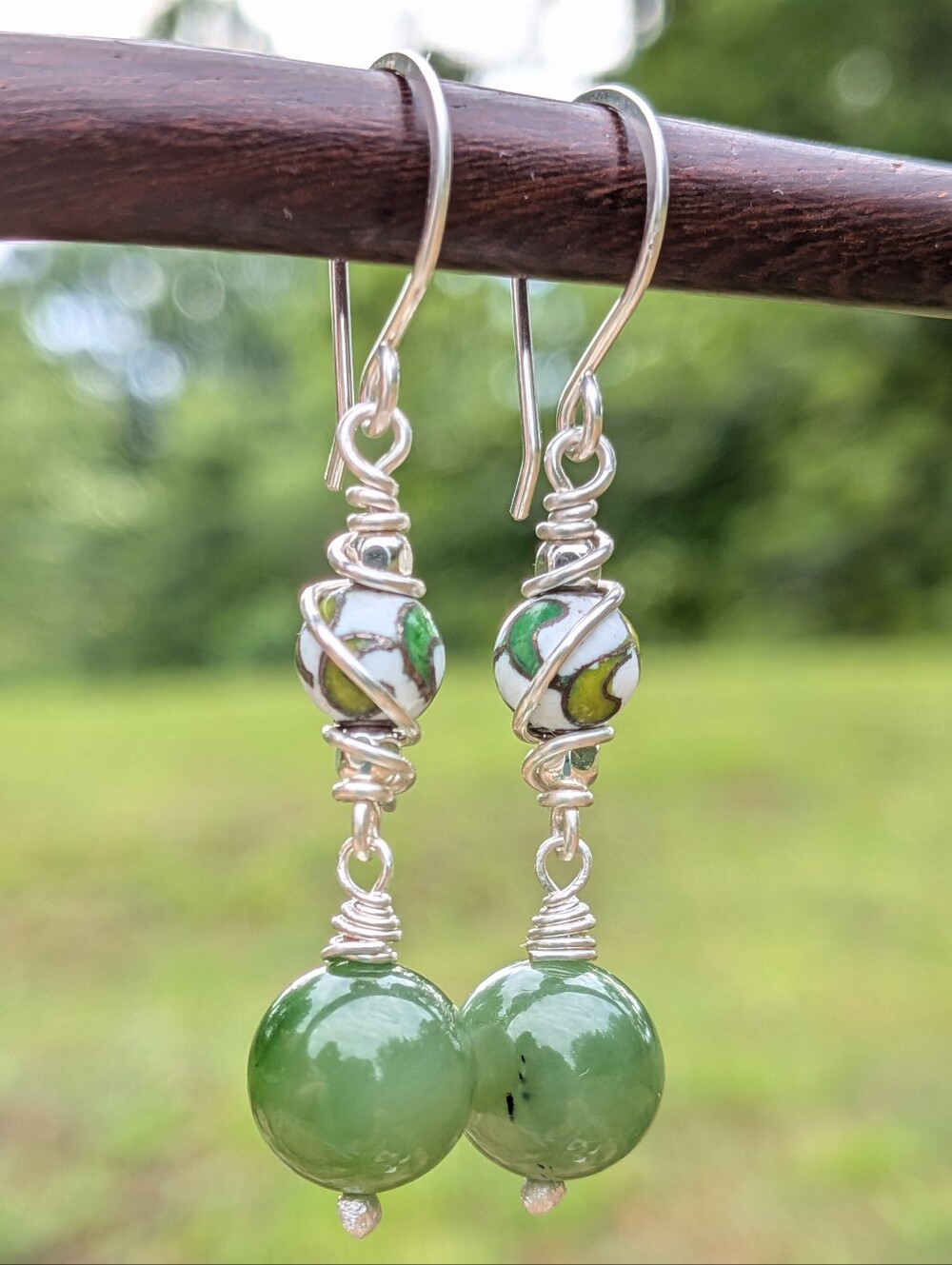 Artisan Jade Earrings-Natural Gemstone and Vintage Cloisonne In Sterling Silver - Picture 9 of 14